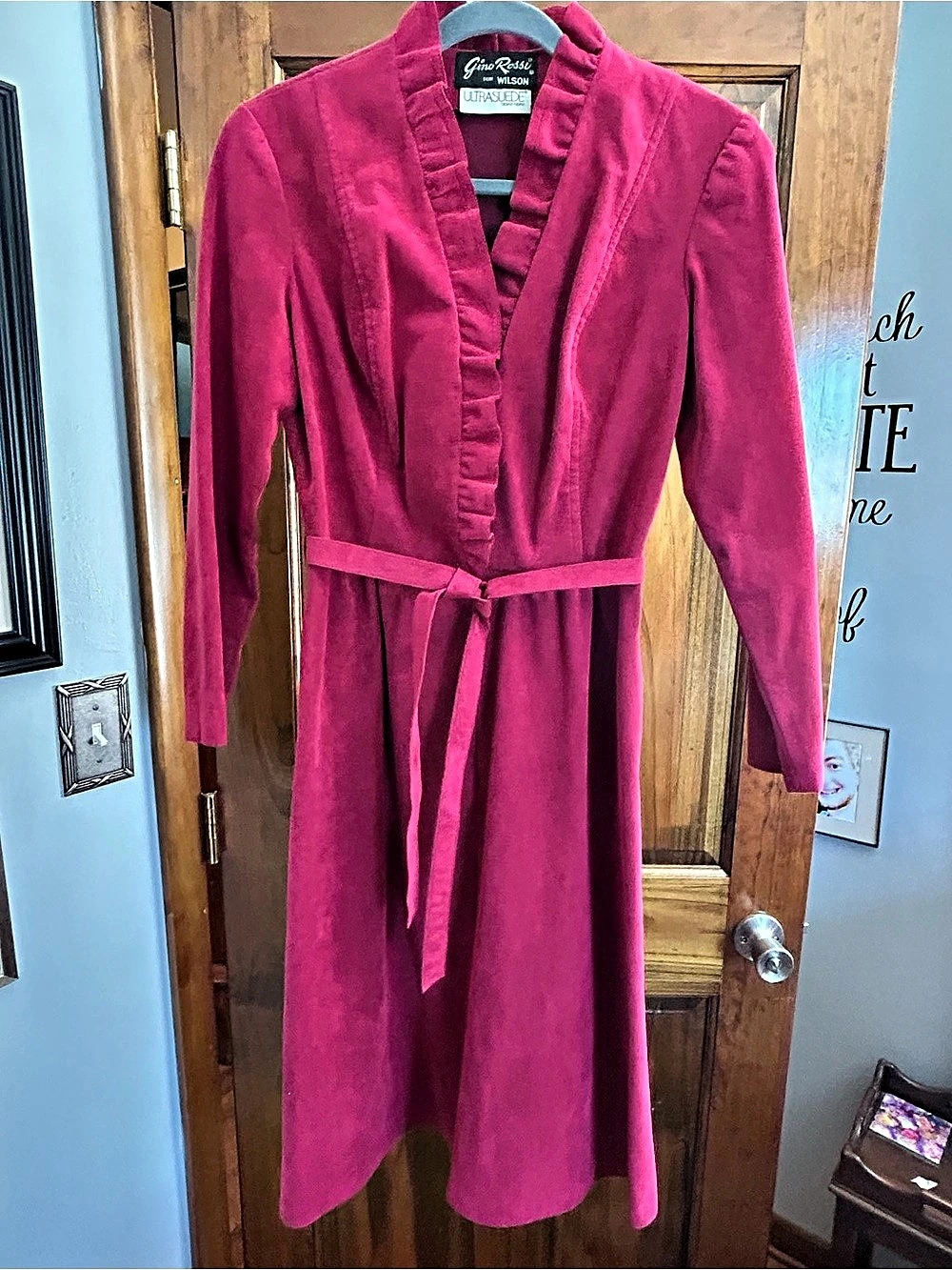 Gino Rosso Wilson Ultrasuede Ruffle Front Belted Midi Dress Made in USA Vintage